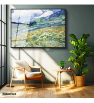 Siyah Renk Metal Çerçeveli Tamperli Cam Tablo Vincent van Gogh Tepe ve Alan Manzarası Ressam Tablosu Duvar Dekoru