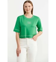 Sim Detaylı Oversize Crop Tişört - Yeşil