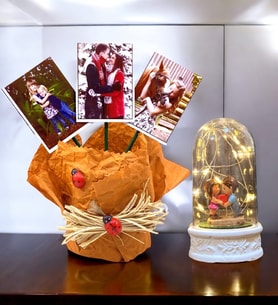Size Özel 3 Fotoğraflı TURUNCU Saksı ve Led Işıklı Kalp Tutan Çiftli Fanus Seti