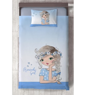 MEKTA HOME BEBEK VE ÇOCUK ODASI Romantic Girl Desenli Mavi Yatak Örtüsü