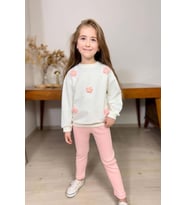 Kız Çocuk Üzeri Papatya Figürlü 3 İplik Kazak Bol Kesim Skuba Kumaş Fitilli Pemb (Pembe)