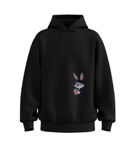 Oversize 'Small Banny' Baskılı Kapşonlu Hoodie Sweatshirt (Siyah)
