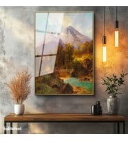 Altın Renk Metal Çerçeveli Tamperli Cam Tablo Andreas Achenbach Dağlık Manzara Köprülü Dere Ressam Tablosu Dekoru