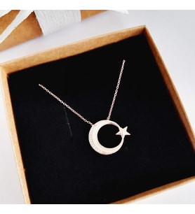 925 Ayar Gümüş Zirkon Taşlı Gold Ay Yıldız Bayrak Tasarım Trend Kadın Kolye Anneler Günü Hediye 1