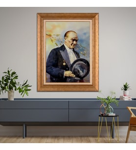 Altın Varaklı Çerçeveli Paspartulu Atatürk Tablo z4604 (Gold)