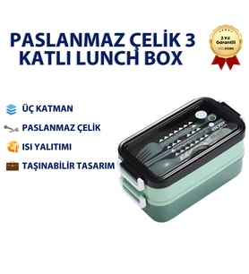 Yeşil Paslanmaz Çelik 3 Katlı Yemek Taşıma Kabı Isı Yalıtımlı Lunch Box