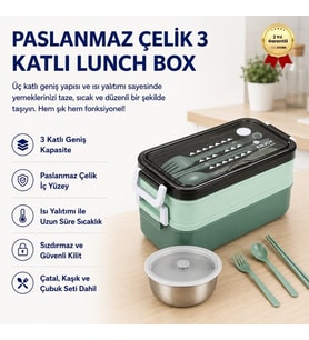Yeşil Paslanmaz Çelik 3 Katlı Yemek Taşıma Kabı Isı Yalıtımlı Lunch Box