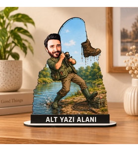Kişiye Özel Baık Tutan Adam Karikatürlü 18 cm MDF Masaüstü Biblo - Balıkçı Hediyesi Yeni İş ve Meslek Hediyesi