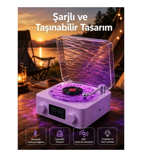 Mey İthalat® 360° Sesli Kablosuz Hoparlör – Retro Tasarım ve Projektör Işığı