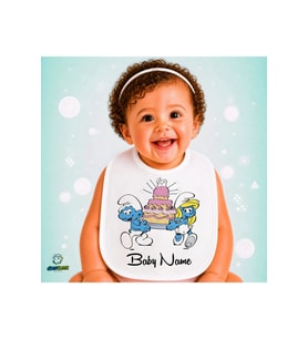 Kişiye Özel Şirinler Keten Bebek Mama Önlüğü – Yumuşak, Emici, Yıkanabilir, Özel Tasarım P111