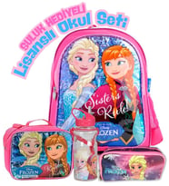 Frozen Elsa Anna Lisanslı Okul Seti – 4'lü Kombin (Sırt Çantası, Suluk, Kalemlik, Beslenme Çantası) (Pembe - Beyaz - Krem)