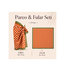 Tarzını Seç Premium Turuncu Beyaz Puantiye Desenli 2’li Kısa Pareo ve Bandana Seti 150x95 cm / 70x70 cm