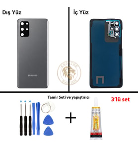 Samsung Galaxy S20 Plus Gri Renk Lensli Arka Kapak + Tamir Seti + B7000 Yapıştırıcı Arka Cam Batarya Kapağı Pil Kapağı Lazer Kesim Back Cover Galaxy S20 Plus Uyumlu