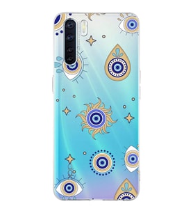 PrintiFy Oppo A91  ile Uyumlu 1mm Slim Fit Nazar Boncuğu 5 Baskılı Şeffaf  Kılıf