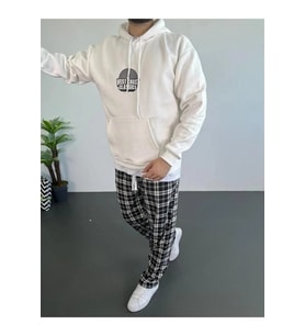 Erkek Oversize Üç İplik Kapüşonlu Sweatshirt – Beyaz Ön Baskılı, Kanguru Cepli, Rahat Kalıp, İçi Pamuklu Model