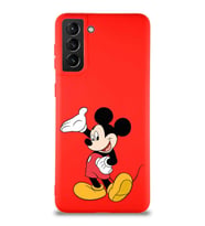 Samsung Galaxy S21 Plus Soft Premier Kapak Mickey Mouse-C Tasarımlı Silikon Kılıf - Kırmızı (Şeffaf)