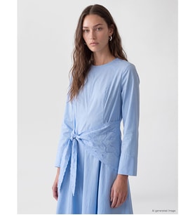 LCW Modest Mavi Bisiklet Yaka Şal Detaylı Poplin Elbise