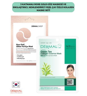 Dermal 3 Katmanlı Rose Göz Maskesi ve Sıkılaştıcı Nemlendirici Yeşil Çay Özlü Kolajen Maske Seti