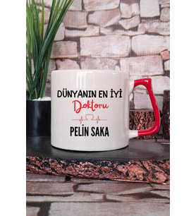 Dünyanın En İyi Doktoru Baskılı Kişiye Özel Doktor Hediyelik Kırmızı Kulplu Kupa Bardak
