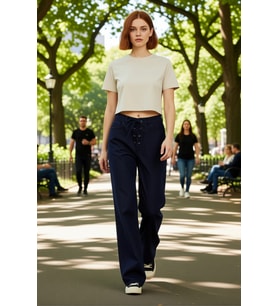Kadin Koyu Baglama Detayli Wide Leg Denim Pantolon Fonksiyonel Dayanıklı Kaliteli Konforlu