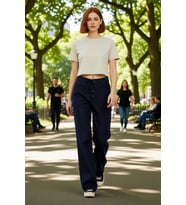 Kadin Koyu Baglama Detayli Wide Leg Denim Pantolon Fonksiyonel Dayanıklı Kaliteli Konforlu