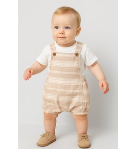 Çizgili Tshirt Detaylı Çıtçıtlı Pamuklu Yazlık Bebek Slopet Takım-Bej