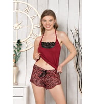 Kadın Askılı Leopar Desenli Dantelli Şortlu Kadın Pijama Takımı 457-Ş