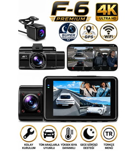 4K Araç içi Kamera 3 Kameralı Ön-Arka-İç WiFi GPS Park Modu Gece Görüşlü Araç içi Kamera F6 Dash Cam