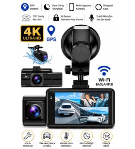 4K Araç Kamerası 3 Kameralı Ön-Arka - İç WiFi GPS Park Modu Gece Görüşlü Araç içi Kamera F6 Dash Cam