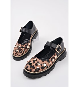Muggo EGERİA Leopar Desenli Tek Bantlı Kalın Taban Kadın Günlük Loafer Ayakkabı (Siyah)