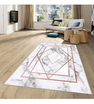 Beyaz Gold İşleme Mermer Yıkanabilir Kaymaz Taban Leke Tutmaz Modern Salon Halısı ve Yolluk