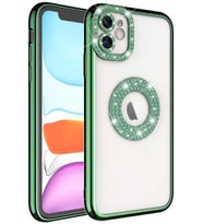 Apple iPhone 12 Kılıf Şeffaf Lüx Taşlı Süslemeli Kamera Korumalı Silikon (Yeşil)