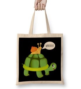Cute Snail Riding on Turtle Yelling Whee Animals Bez Çanta Uzun Saplı
