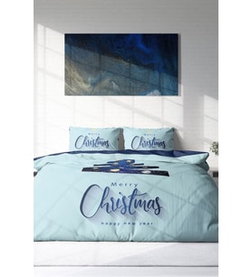 Yılbaşı Çift Kişilik Nevresim ( Lastikli Çarşaflı ) %100 Pamuk Saten Blue
