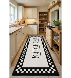 Damahome Krem Kitchen Siyah Yıkanabilir Mutfak Halısı