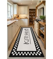 Damahome Krem Kitchen Siyah Yıkanabilir Mutfak Halısı