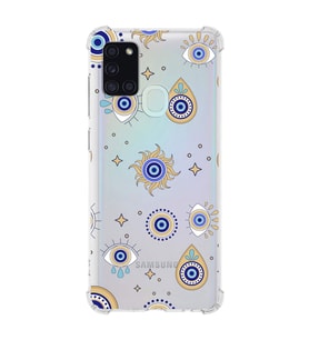 PrintiFy Samsung Galaxy A21S Uyumlu Nazar Boncuğu 5 Baskılı Şeffaf Köşe Korumalı Antişok Kılıf