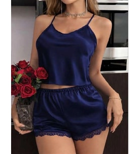 Amora Secret Lacivert İnce Askılı Dantel İşlemeli Saten Şortlu Takım