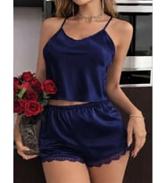 Amora Secret Lacivert İnce Askılı Dantel İşlemeli Saten Şortlu Takım