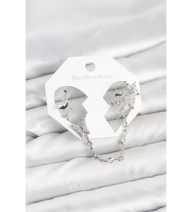 Pirinç Gümüş Renk Kelebek Model Zincir Bağlantılı Ear Cuff Küpe Seti - TJ-BKP11535