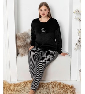 Pijamoni Kadın Kadife Büyük Beden Bisiklet Yaka Uzun Kol Pijama Takımı 4230/5- 1 Adet (Siyah)