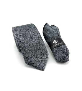 PİERRONİ Gri Siyah Desenli Mendilli Kravat P0399
