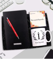 Kişiye Özel Kupa & Siyah Defter &Gümüş Renk Detaylı Tükenmez Kalem Hediye Seti (Kırmızı)