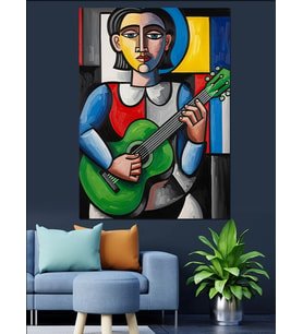 Kübik Tarzda Gitar Çalan Kadın Dekoratif Kanvas - Mdf Ahşap Tablo