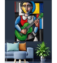 Kübik Tarzda Gitar Çalan Kadın Dekoratif Kanvas - Mdf Ahşap Tablo