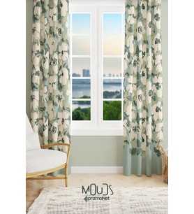 Green Flower 1 Desenli Süet Oturma Odası Salon Fon Perde Baskılı Ekstrafor Büzgü 2 Kanat PRD-1037