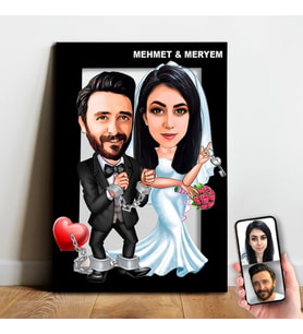 Karikatür Sevgili, Çift,Gelin Damat, Evli Tablo Hediye Model-2