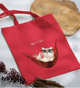 BK Gift Kedi Tasarımlı Kırmızı Kumaş Bez Çanta, Baskılı Omuz Çantası, Alışveriş Çantası, Arkadaşa Hediye-2