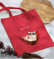 BK Gift Kedi Tasarımlı Kırmızı Kumaş Bez Çanta, Baskılı Omuz Çantası, Alışveriş Çantası, Arkadaşa Hediye-2