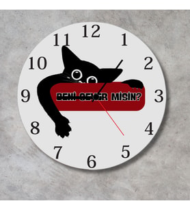 Beni Sever Misin? Tasarımlı Siyah Kedi Metal Duvar Saati - 29 cm Modern Mutfak ve Salon Saati